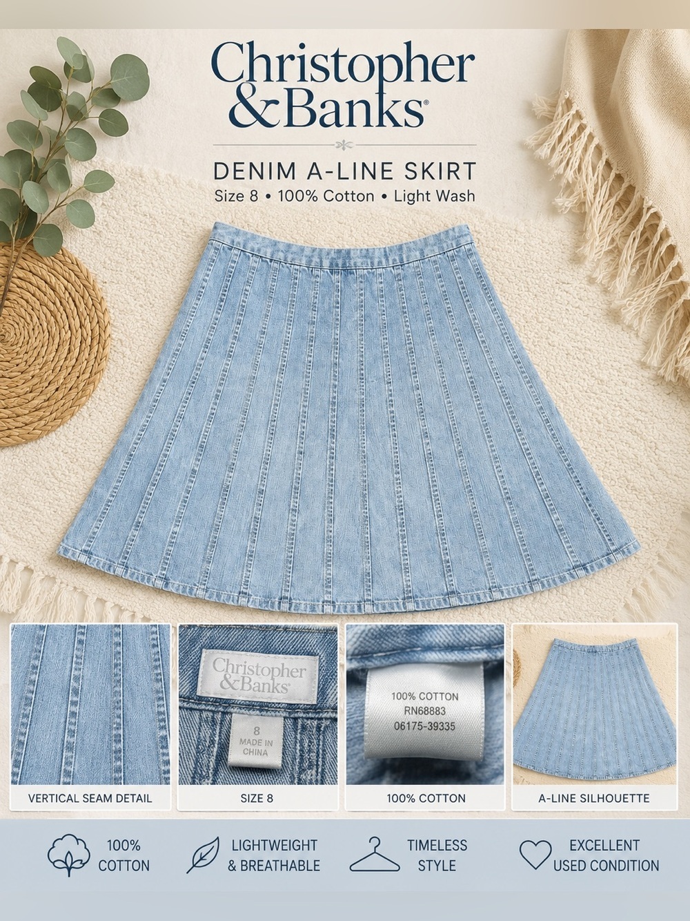 Christopher & Banks Denim A-Line Midi Skirt Size 8 Light Wash 100% Cotton EUC